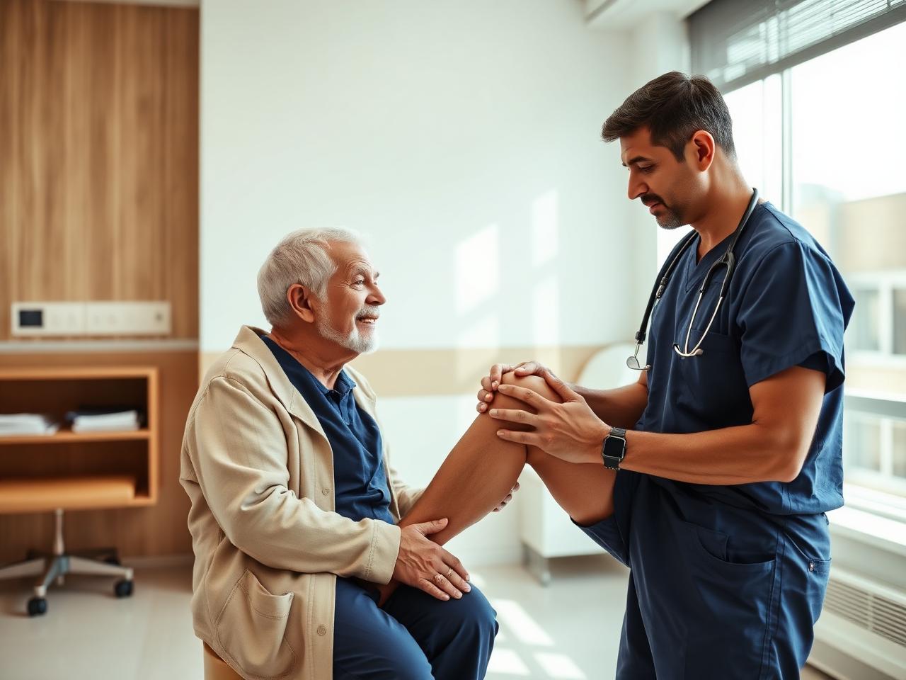 Orthopaedic surgeon examining the knee of an elderly patient before knee replacement surgery in Ahmedabad